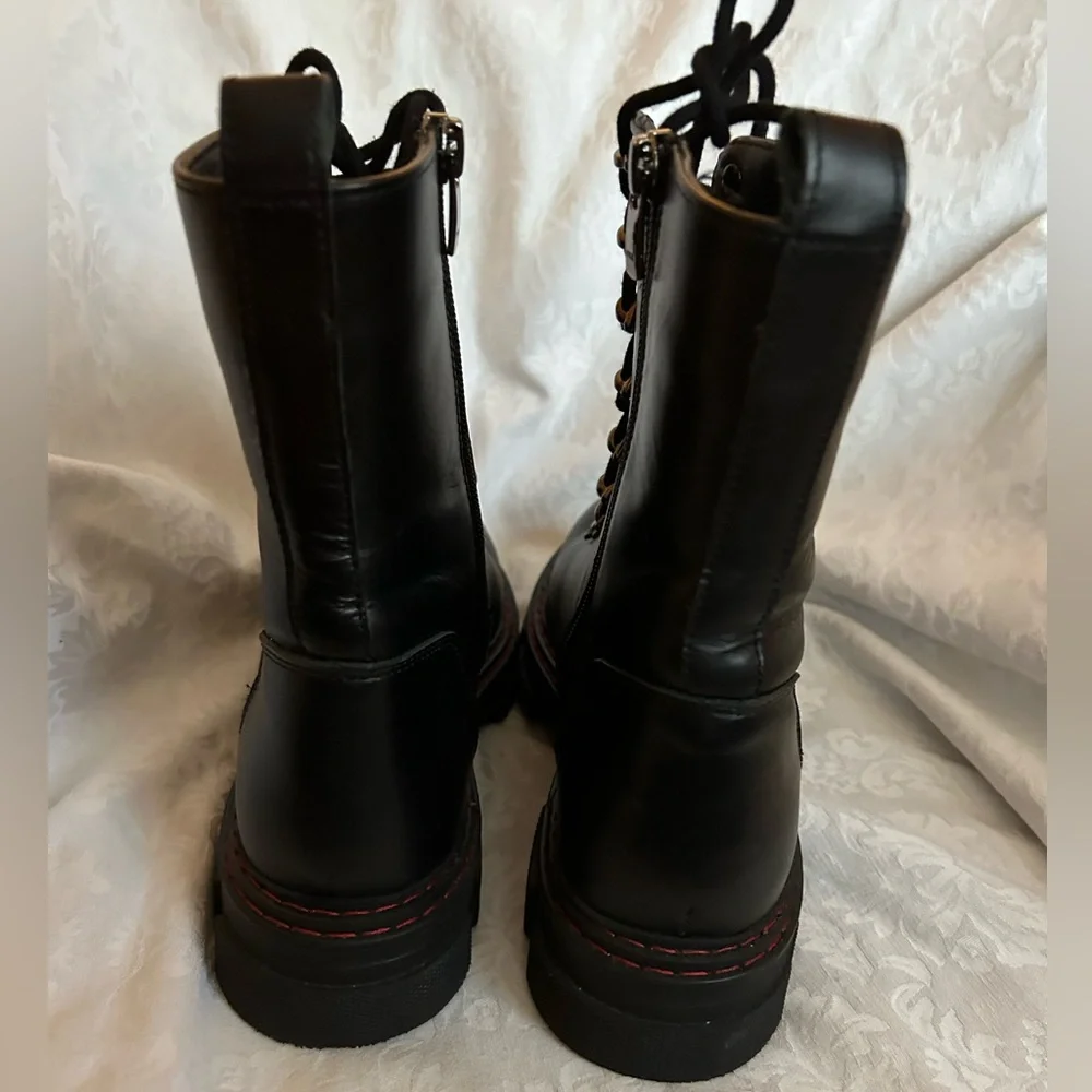 Kurt Kieger Black Leather Combat Boot with Red Stitching - Women